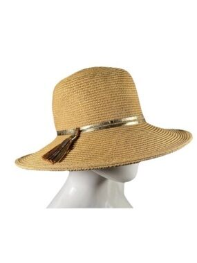 August Hat Company Women’s Wide Brim Sun Hat Fedora Gold Tassel Band Straw Paper